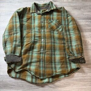 Prana Flannel Shirt Mens L Brown Teal Plaid Corduroy Trim Long Sleeve Button Up